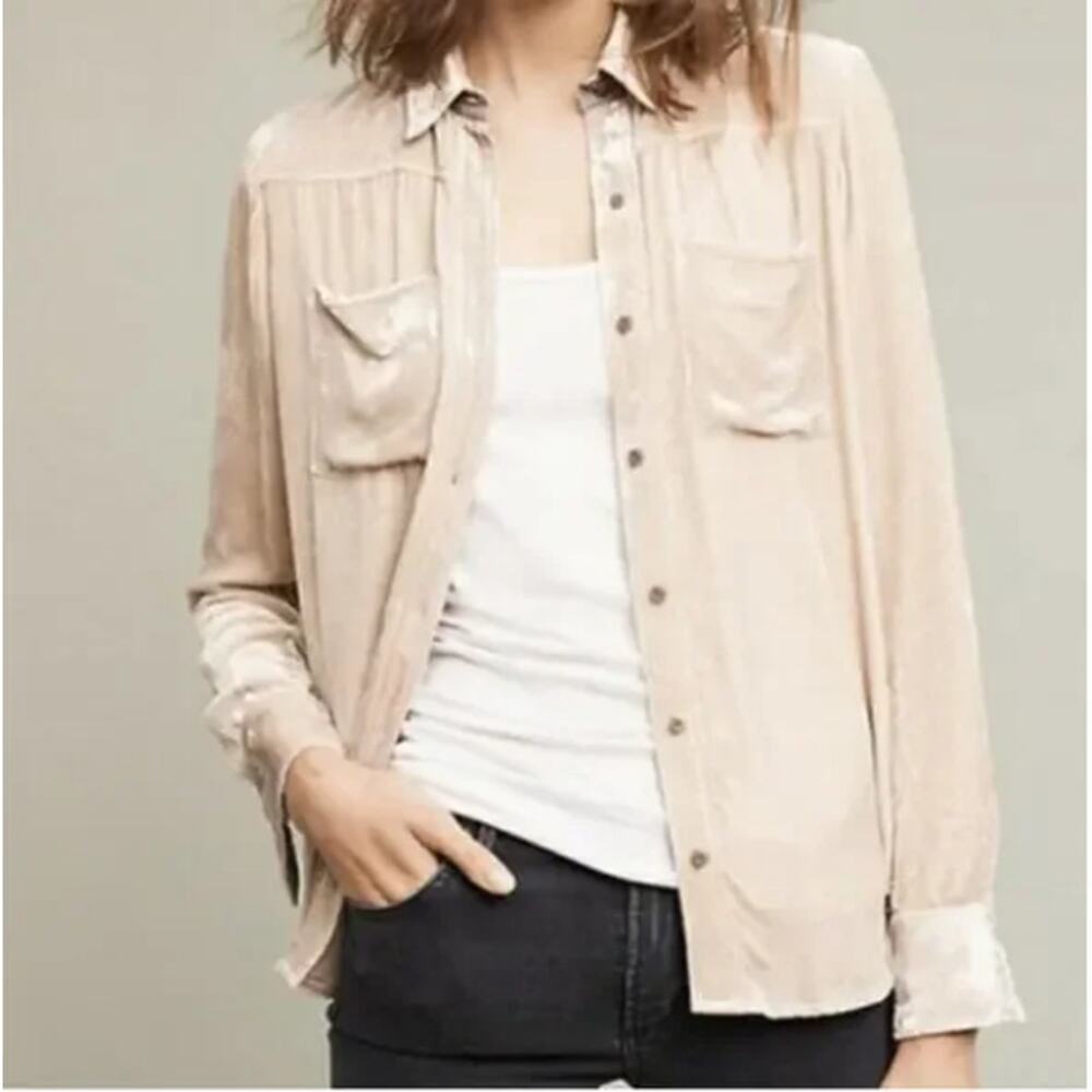 Anthropologie Holding Horses Velvet Button‎ Down Shirt Ivory Champagne XS